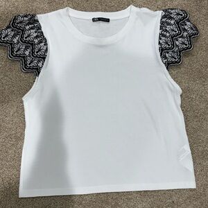 Zara Short Sleeve Top with Black Lace Accents